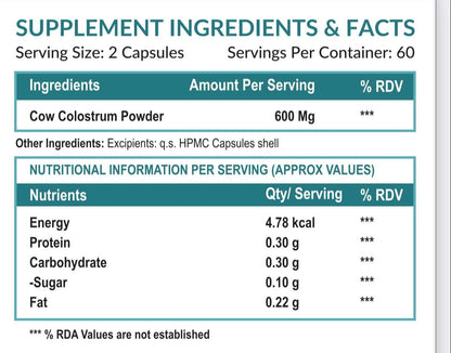 AYUWAY Supplements COW Colostrum Supplement, 600 mg, Offers Immune Support and Promotes Gut Health, on Levels, Growth and Repair, Non-GMO, 60 Capsules