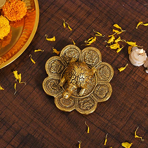 Metal Feng Shui Tortoise On Plate Showpiece - Gold Tortoise for Good Luck Money - Best Gift for Career and Good Luck Vastu