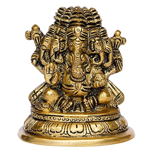 Handcrafted Golden Brass Panchmukhi Lord Ganesha Idol - Hindu God Idol for Home Decor, Puja Room - Ganesha Statue