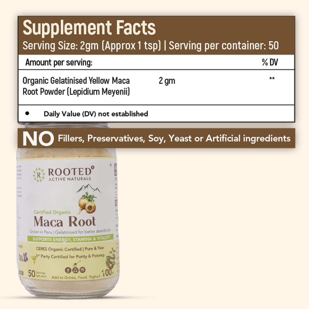 Rooted Actives Maca Root Extract powder (100 g) -Stamina, Virility, Hormonal support| Imported from Peru, Certified Organic, Gelatinised