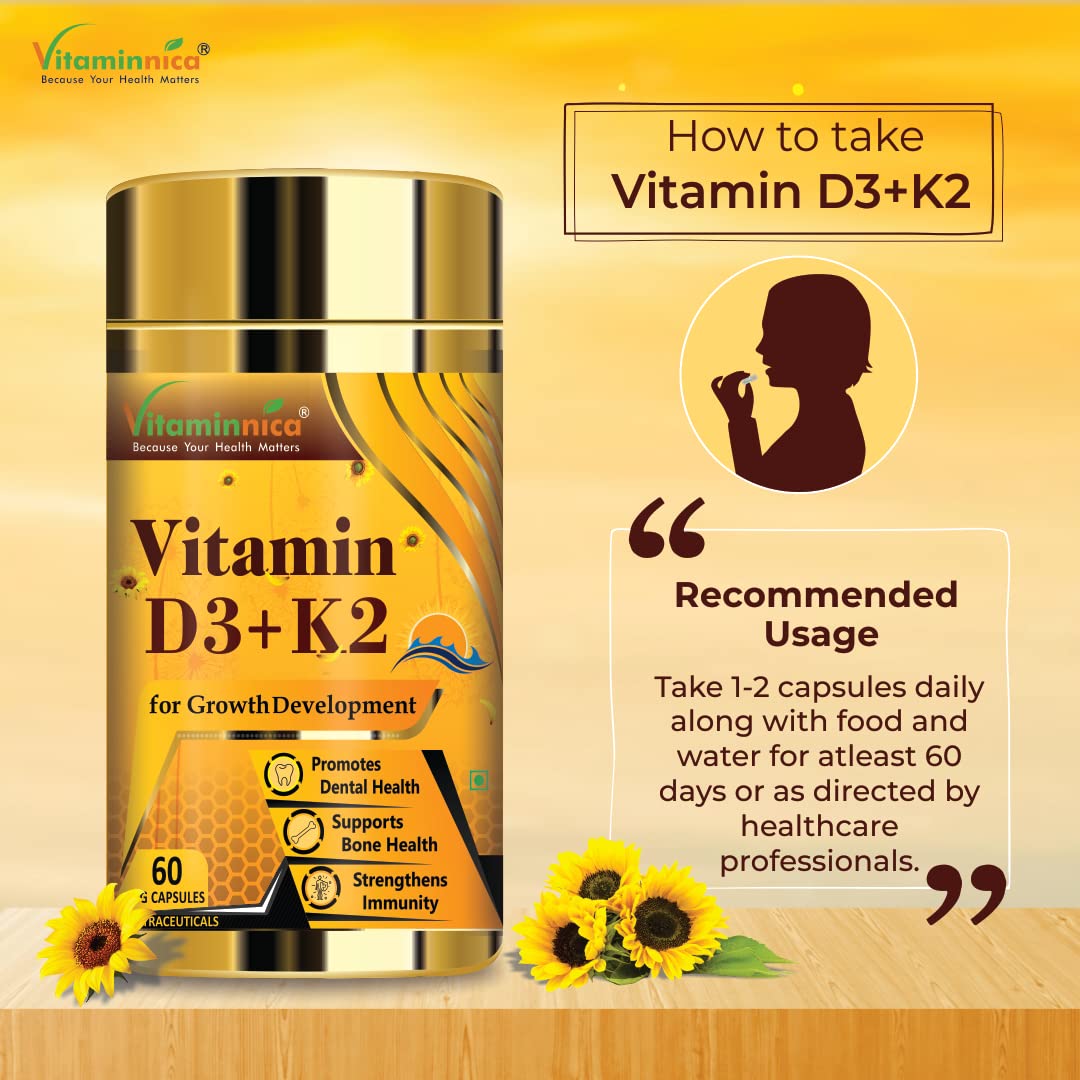 Vitaminnica Vitamin D3+ K2 | Support Bone & Heart Health for Men & Women | 60 Capsules | (Pack of 1)