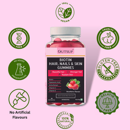 Outsup Biotin Hair Gummies for Healthy Hair, Skin & Nails Growth | With High Potency Biotin, Zinc, F& Multivitamins | Strawberry Flavor | - 30 Gummies