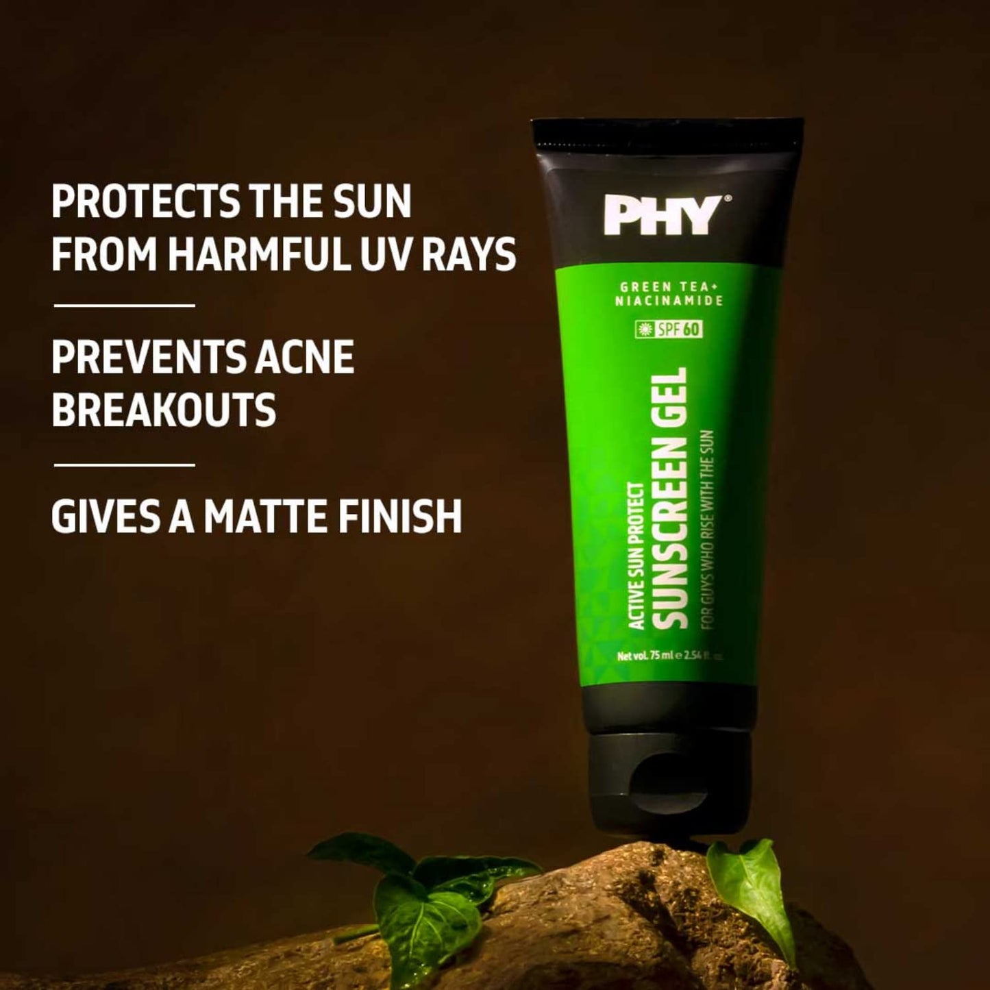 Phy Active Sun Protect Sunscreen Gel | SPF 60 | Green Tea + Niacinamide | Protects From Sun Damage &creen | Oily, Acne-Prone Skin | 100% Vegan | 75 ml