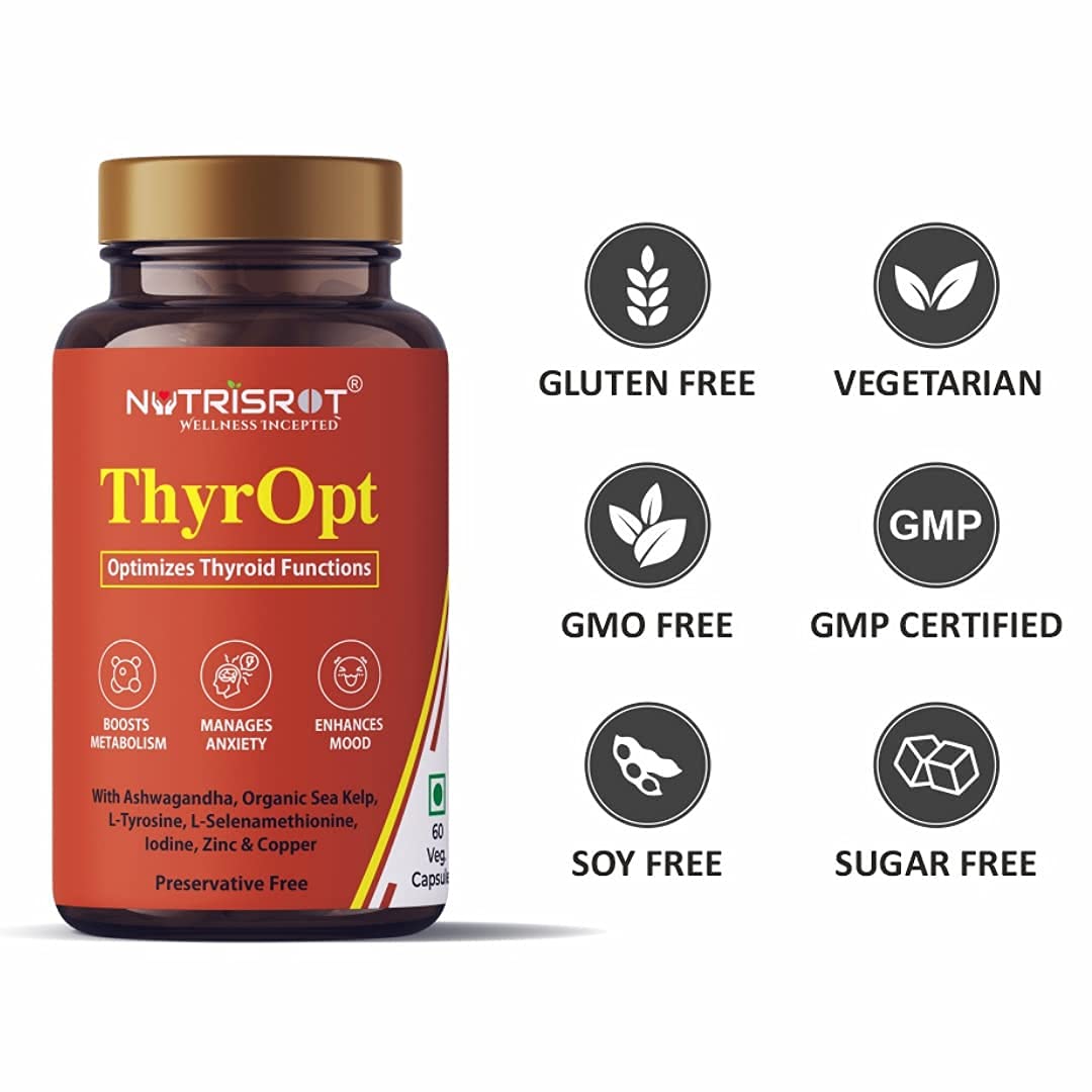 NUTRISROT? ThyrOpt Thyroid Supplement with Organic Sea Kelp & Ashwagandha, Support Optimized Thyroid Functions, Metabolism & Mood Booster(60 veg caps)