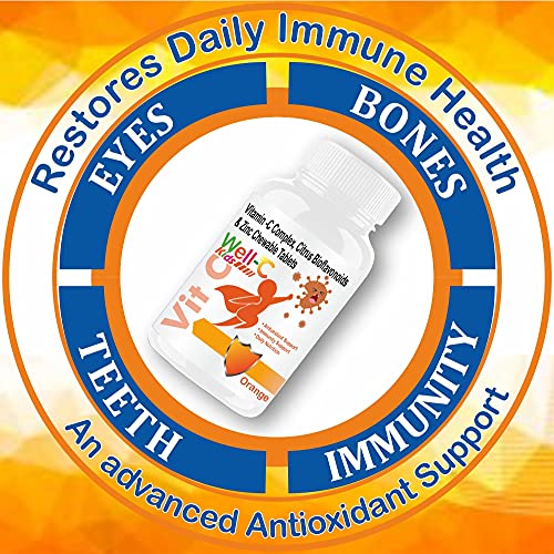 Well-C Vitamin C Tablets Immunity Booster For Kids and Zinc Supplements For Growth Strength Strong Bones Sugar Free Orange Flavor Chewable Tablets -60