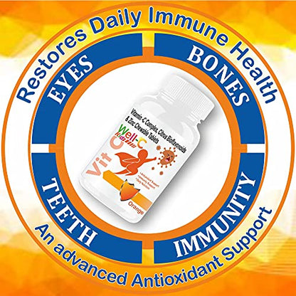 Well-C Vitamin C Tablets Immunity Booster For Kids and Zinc Supplements For Growth Strength Strong Bones Sugar Free Orange Flavor Chewable Tablets -60