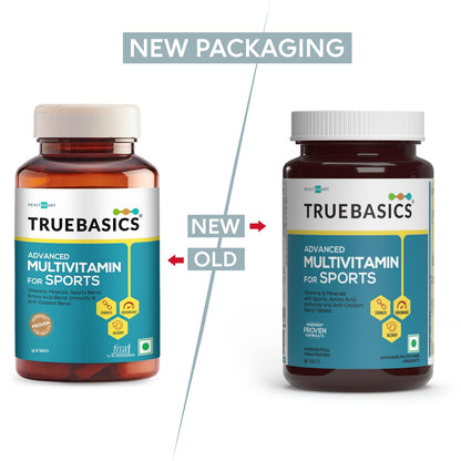 TrueBasics Advanced Multivitamin For Sports & Fitness, 90 Multivitamin Tablets, with Amino Acid, Enends, 24 Vitamins & Minerals, for Immunity & Energy