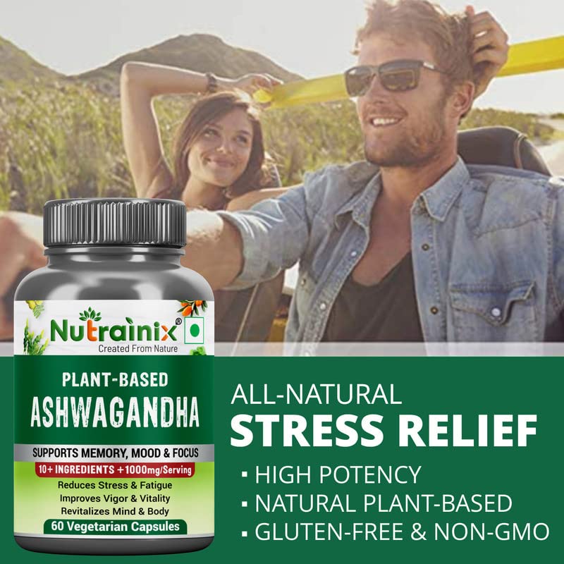 Nutrainix Plant-Based Ashwagandha with 10+ Ingredients | Extra Strength Natural Formulation | For Men & Women - 60 Vegetarian Capsules