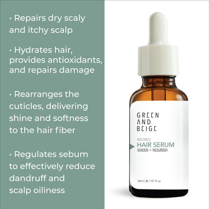 GREEN AND BEIGE Recreo Sheen & Nourish Hair Serum | For Dry & Frizzy Hair | With  Murumuru Fruit Extract & Passion Fruit Oil, Vitamins E & F | 30 Ml