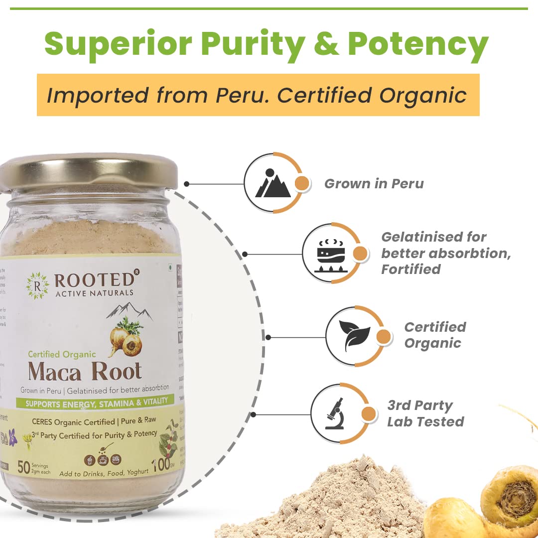 Rooted Actives Maca Root Extract powder (100 g) -Stamina, Virility, Hormonal support| Imported from Peru, Certified Organic, Gelatinised