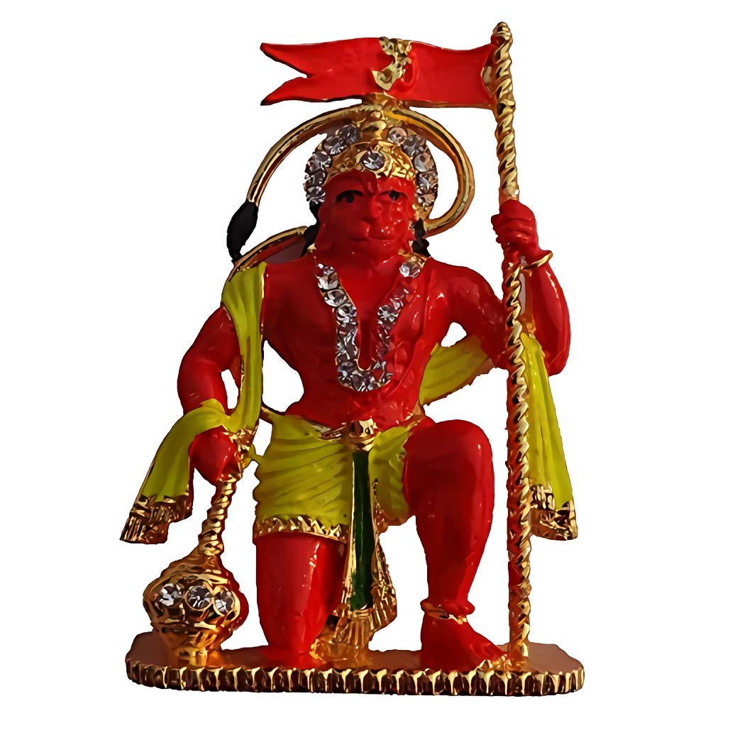 Relicon Lord Hanuman Idol | Bajrang Bali Ashirwad Flag Idol (R-133) Red Metal Statue for Car Dashboard (L*B*H-5 x 1 x 7 Cm)