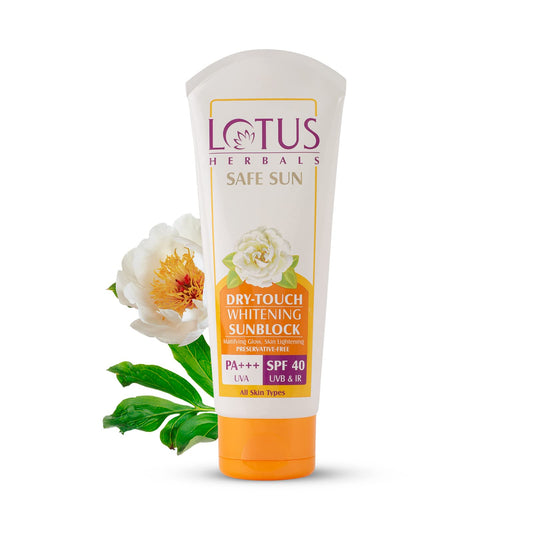 Lotus Safe Sun Dry Touch Whitening Sunscreen SPF 40 PA+++, UVA, UVB & IR Protection, Skin Brightenin Preservatives Free, No white cast , Non-Oily, 50g