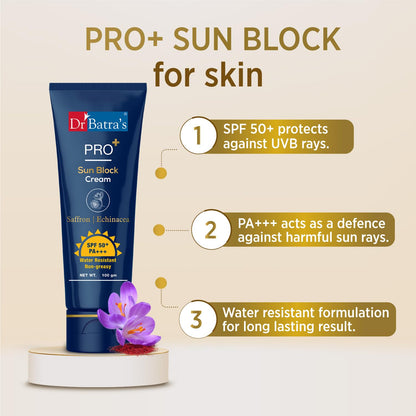 Dr Batra's Pro+ Sun Block Cream SPF 50++, Lightweight Enriched with Saffron and Aloe Vera -100 Gm