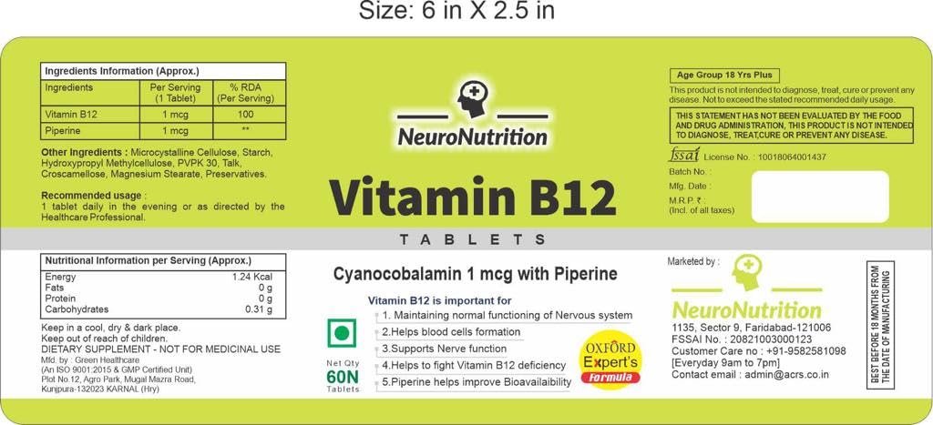 Neuronutrition Oxford Specialist Vitamin B12 (Methyl cobalamin) Plant Organic Supplement Forte Table metabolism,immunity brain heart cognitive Support