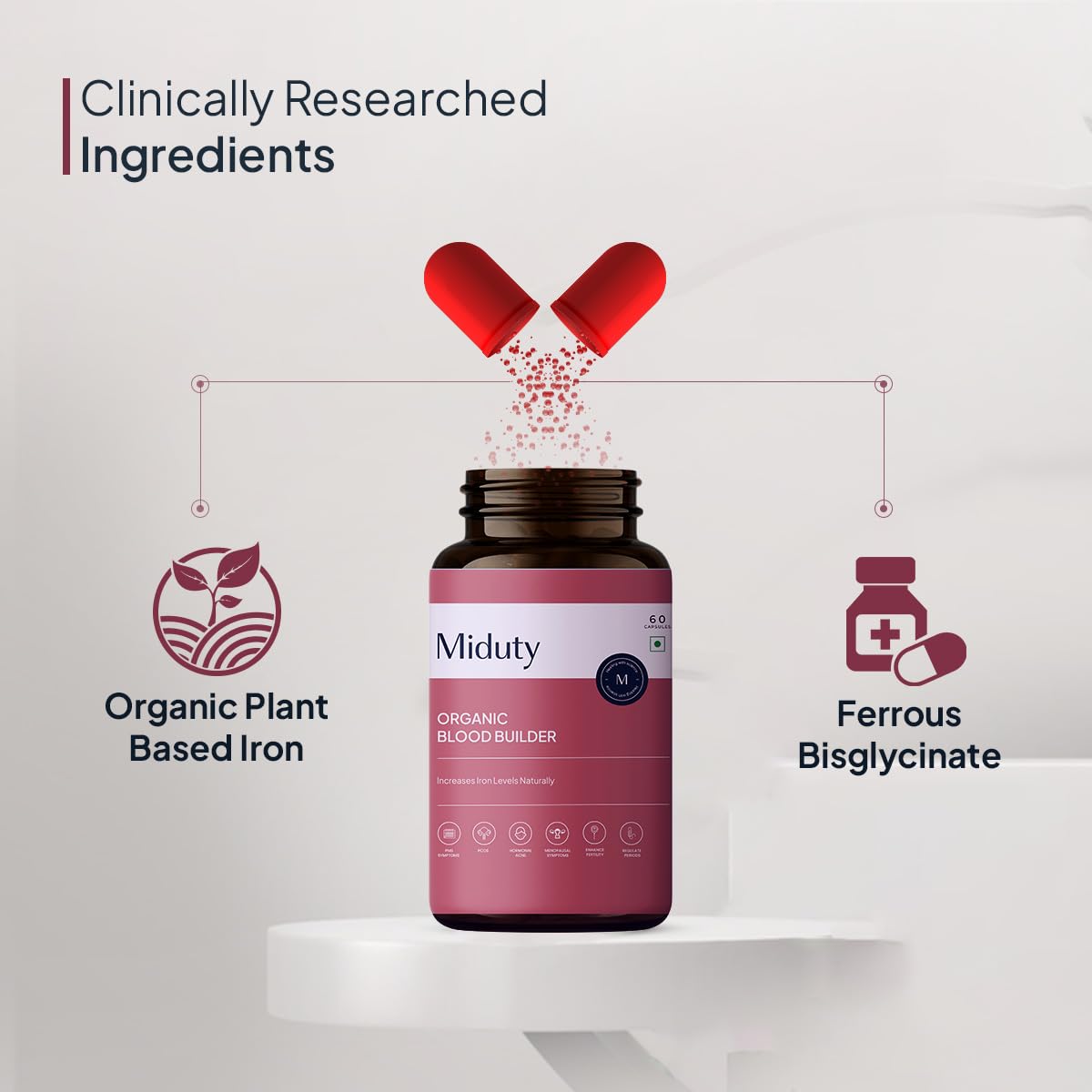 Miduty by Palak Notes Organic Blood Builder - Anemia Supplement - Contains Wheat Grass, Green Amla, Iron Supplement - Hemoglobin Booster - 60 Capsules