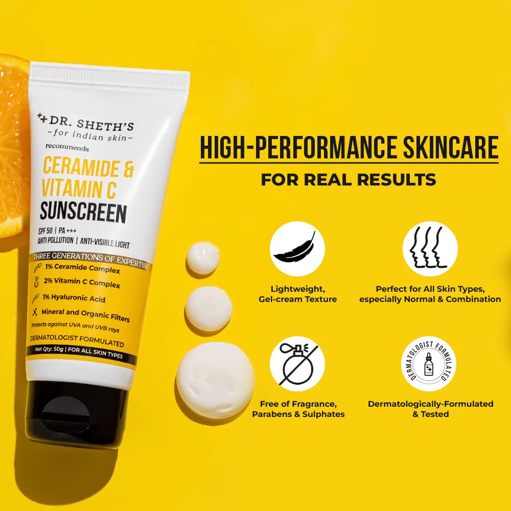 Dr. Sheth's Ceramide & Vitamin C Sunscreen SPF 50+ PA+++ | For Deep Moisturization | Non-Greasy, Quit | For Women & Men | UVA UVB Sun Protection | 50g