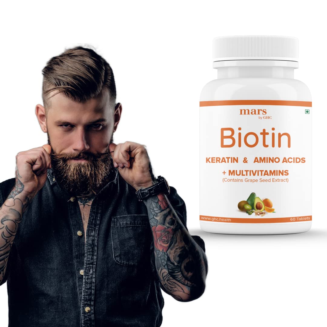 mars by GHC Beard Biotin- 100% Vegan, 60 Tablets (Pack of 1) | Promotes Stronger & Thicker Beard Groin A, Vitamin E, Vitamin B7, Keratin & Amino Acids