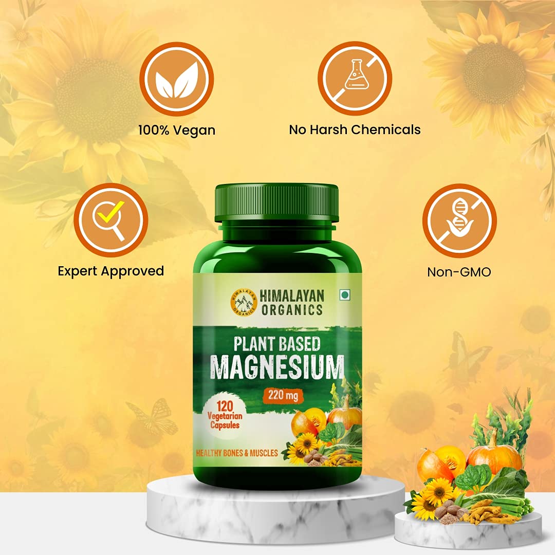 Himalayan Organics Plant Based Magnesium Supplement 1360mg With Turmeric Spirulina, Wheatgrass, Mori Bone Health | Boost Energy Level - 60 Veg Tablets