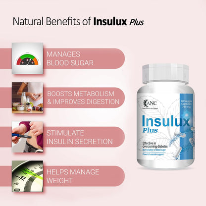 ANC Herbal Insulux Plus With Berberine and Milk Thistle for Diabetes Control 750mg 60 Capsules for Men and Women (Pack of 1)