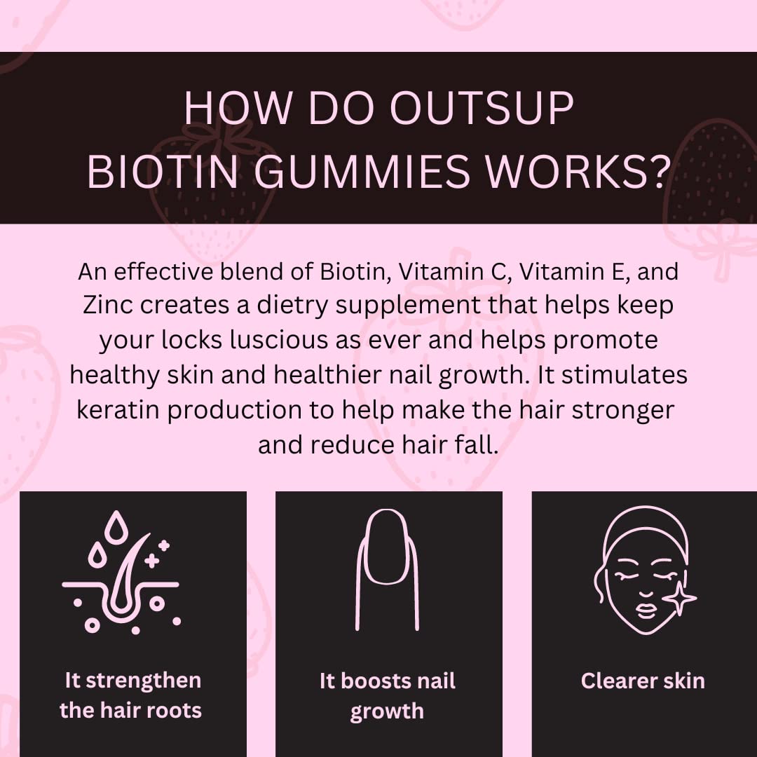 Outsup Biotin Hair Gummies for Healthy Hair, Skin & Nails Growth | With High Potency Biotin, Zinc, F& Multivitamins | Strawberry Flavor | - 30 Gummies