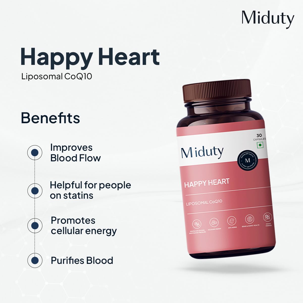 Miduty by Palak Notes Happy Heart - Liposomal CoQ10 - Heart Health Supplement - Methyl Folate - D-Ch Skin - Heart Health - Kidney health - 30 Capsules