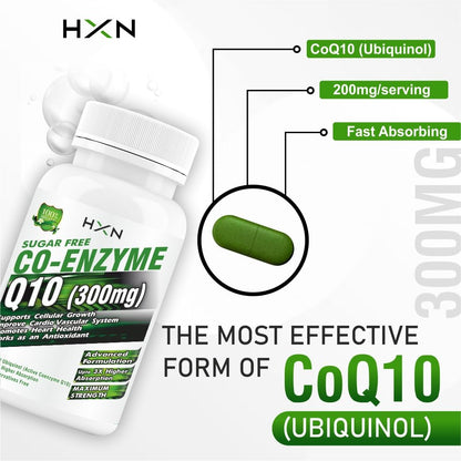 HXN coq10 Supplement, coenzyme q10 300mg As Ubiquinol With Omega 3, Alpha Lipoic Acid To Promote Heat Health, And High Energy Boost- 60 coq 10 Tablets