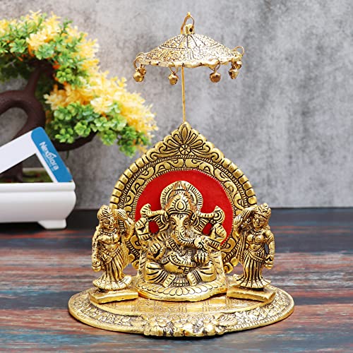 Nexplora Industries Pvt. Ltd. Metal Riddhi Siddhi Chatra Ganesh Idol, Height 18 cm, Gold Antique, 1 Piece
