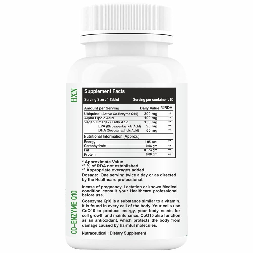 HXN coq10 Supplement, coenzyme q10 300mg As Ubiquinol With Omega 3, Alpha Lipoic Acid To Promote Heat Health, And High Energy Boost- 60 coq 10 Tablets