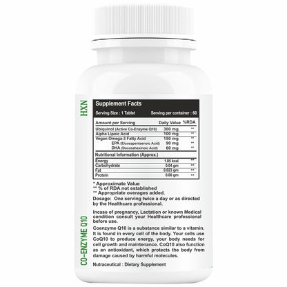 HXN coq10 Supplement, coenzyme q10 300mg As Ubiquinol With Omega 3, Alpha Lipoic Acid To Promote Heat Health, And High Energy Boost- 60 coq 10 Tablets