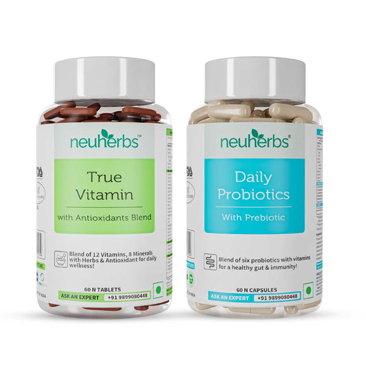 Neuherbs Daily Gut and Nutrition Combo- (Daily Probiotics with Prebiotic 60 Caps + True vitamin (Multivitamin) 60 Tab)- 60 Pack of Each