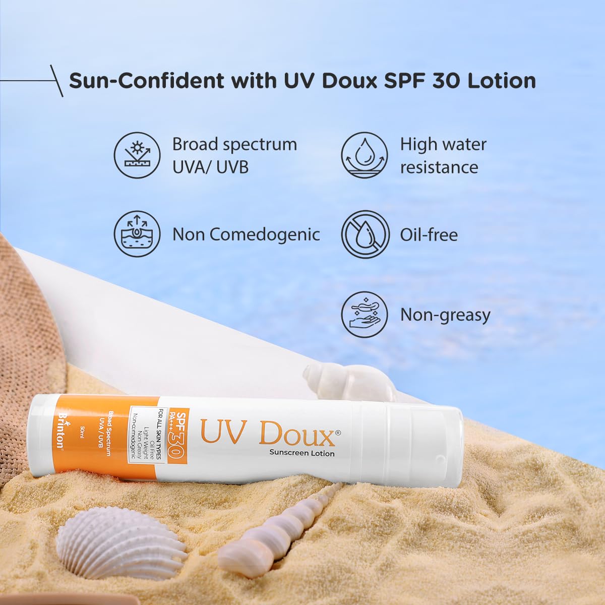 Brinton UvDoux Sunscreen Lotion with SPF 30 in Oil Free Formula| Light Weight & Non Greasy Sunscreenon against UVA/UVB Rays| For All Skin Types- 50 ML