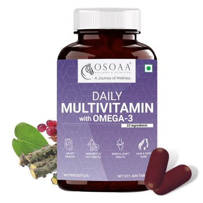 OSOAA Daily Multivitamin with 200mg Omega 3 (60 Tablets) for Men & Women| 53 Ingredients| Lab TestedGreens, Super Reds| Supports Immunity & Gut Health