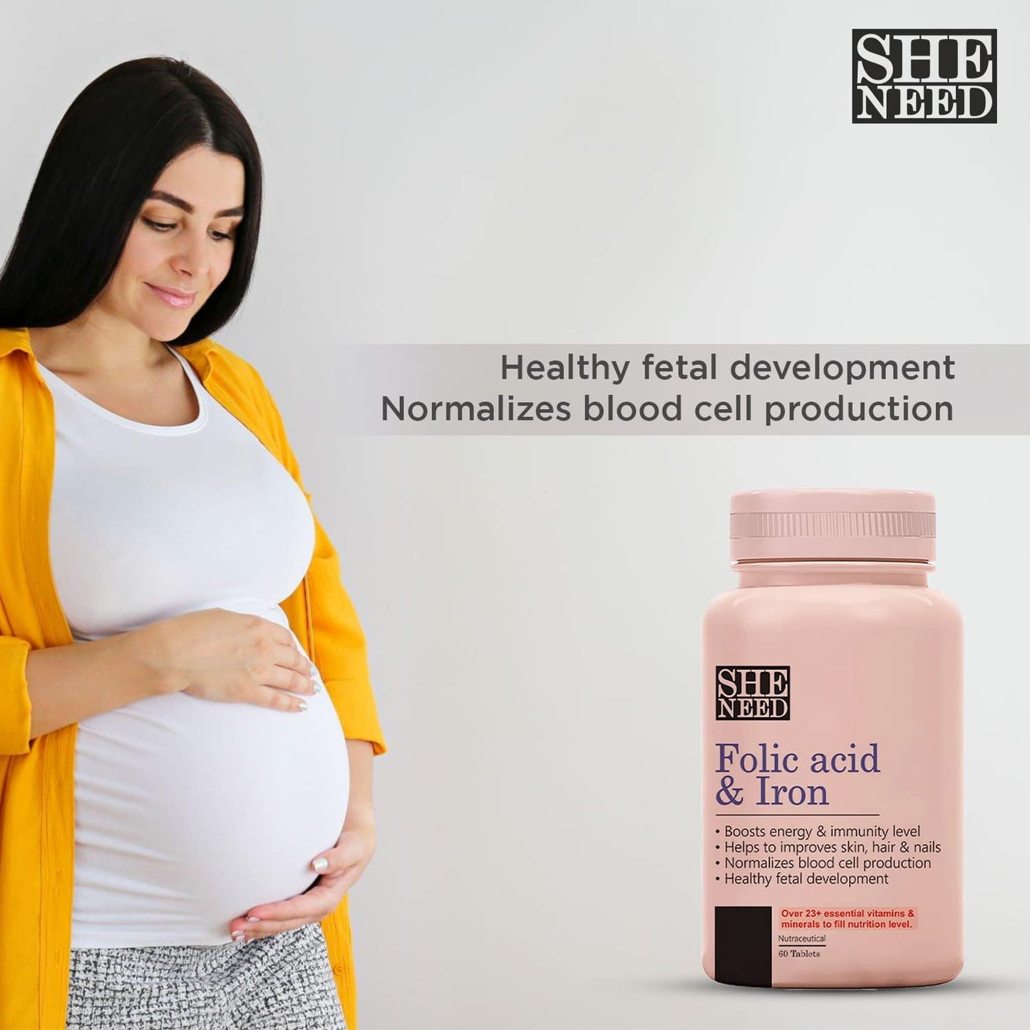 SheNeed Folic Acid & Iron Supplements |Supports Pregnancy| Iron Production| reduces Hair fall| For Men & Women| Vegan|– 60 Tablets