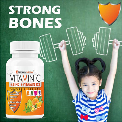 Immunescience Vitamin C Tablets For Kids with Zinc Supplements and Citrus Bioflavonoids, Immunity Borong Bones. Chewable Tablet Sugar Free-60 (orange)