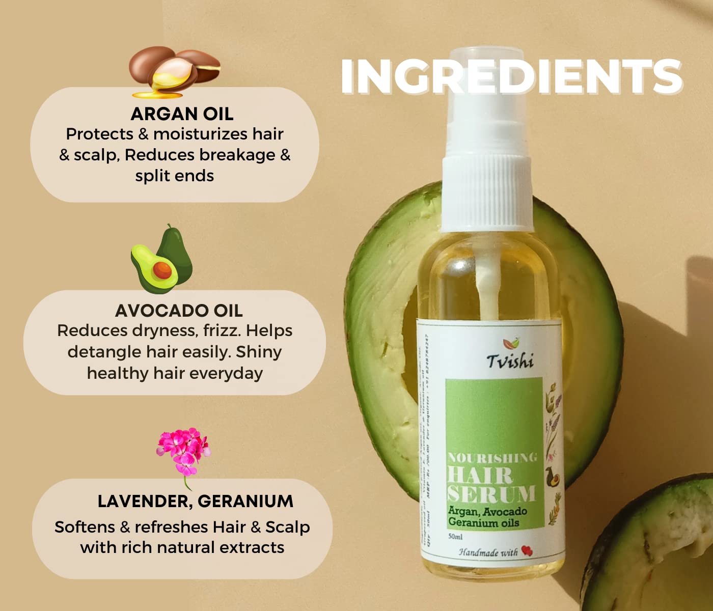 Tvishi Natural Hair Serum (50 ml) I Light-weight Argan, Avocado smoothens, dry, frizzy Hair | Tangleee, Silicone-free shine everyday for Entire family