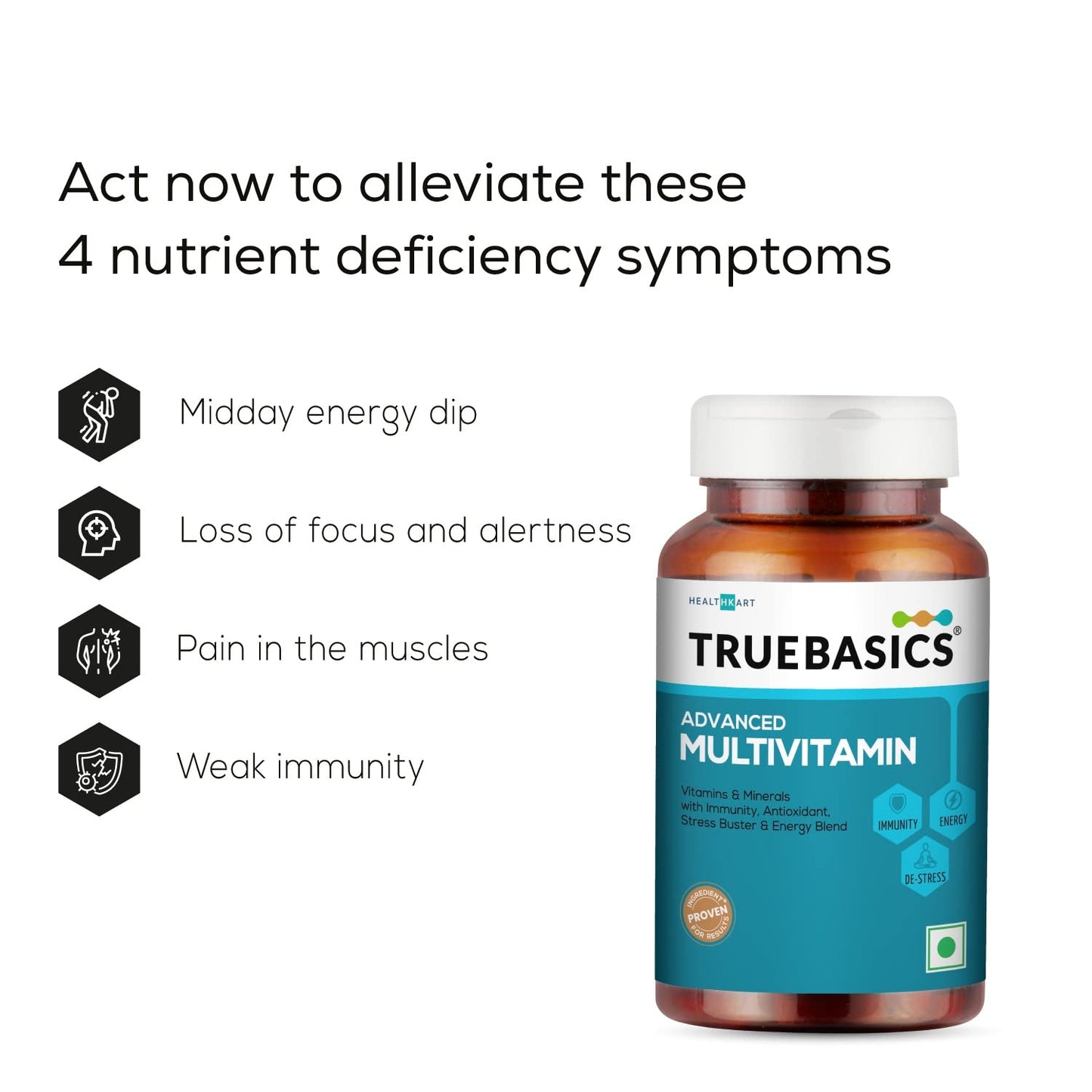 TrueBasics Advanced Multivitamin(60 Tablets), Multivitamin for Men & Women, Energy Blend, Immunity Blinically Researched Ingredients & Herbal Extracts