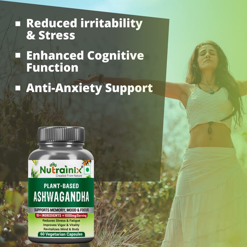 Nutrainix Plant-Based Ashwagandha with 10+ Ingredients | Extra Strength Natural Formulation | For Men & Women - 60 Vegetarian Capsules