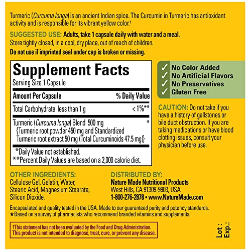 Nature Made Turmeric Antioxidant Herbal Supplement Capsules 500 Mg, 60 Count