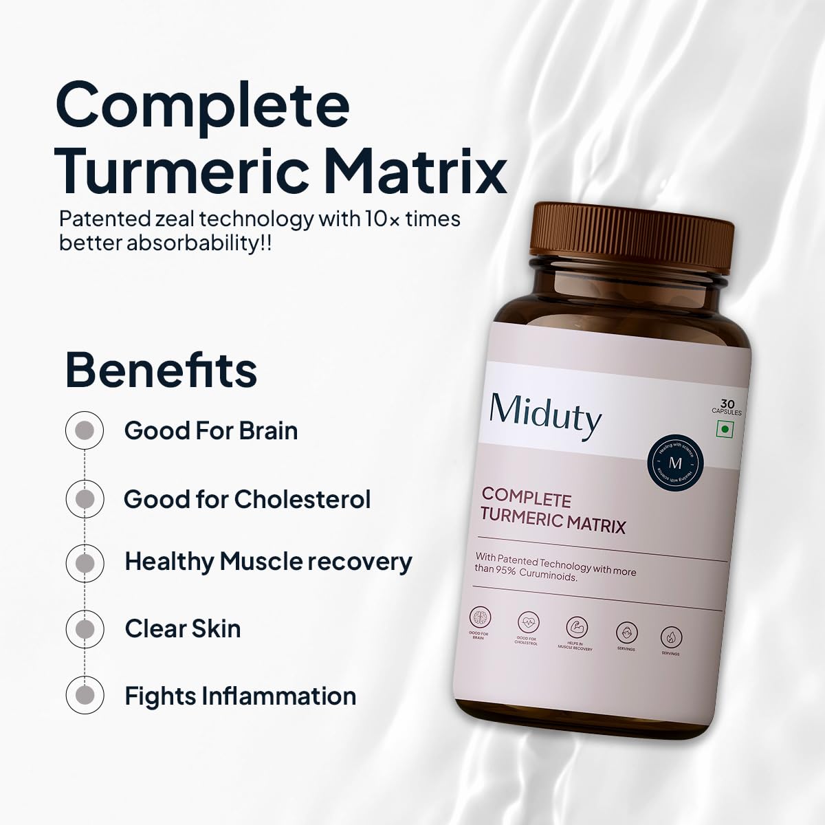 Miduty by Palak Notes Complete Turmeric Matrix Curcumin Capsules For Relieving Muscle Pain - Lower C Increase memory power - Skin Health - 30 Capsules