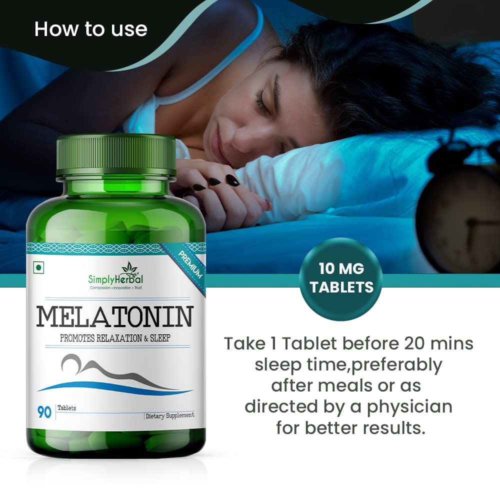 Simply Herbal Melatonin 10mg Sleeping Tablet, Non-Habit Forming, Deep Sleep Supplement, Helps Stressen Women Adults, Healthy Sleep Cycle (180 Tablets)