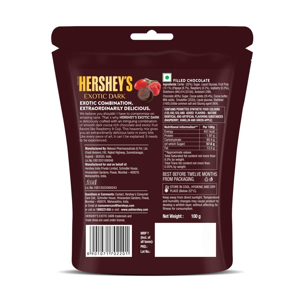 HERSHEY'S Exotic Dark Raspberry & Goji Flavor | Dark Cocoa Rich Chocolates 100g - Pack of 2