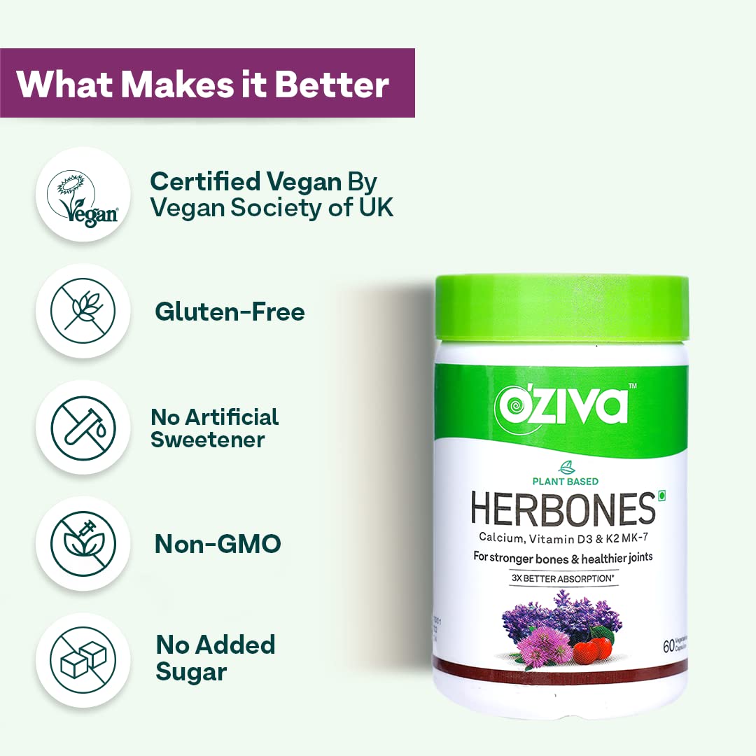 OZiva Plant Based HerBones | Healthy Bones Supplement for Better Bone Health & Bone Strength & Densilthy Bones for Women, Certified Vegan, 60 capsules