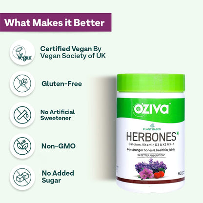 OZiva Plant Based HerBones | Healthy Bones Supplement for Better Bone Health & Bone Strength & Densilthy Bones for Women, Certified Vegan, 60 capsules