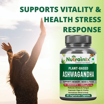 Nutrainix Plant-Based Ashwagandha with 10+ Ingredients | Extra Strength Natural Formulation | For Men & Women - 60 Vegetarian Capsules