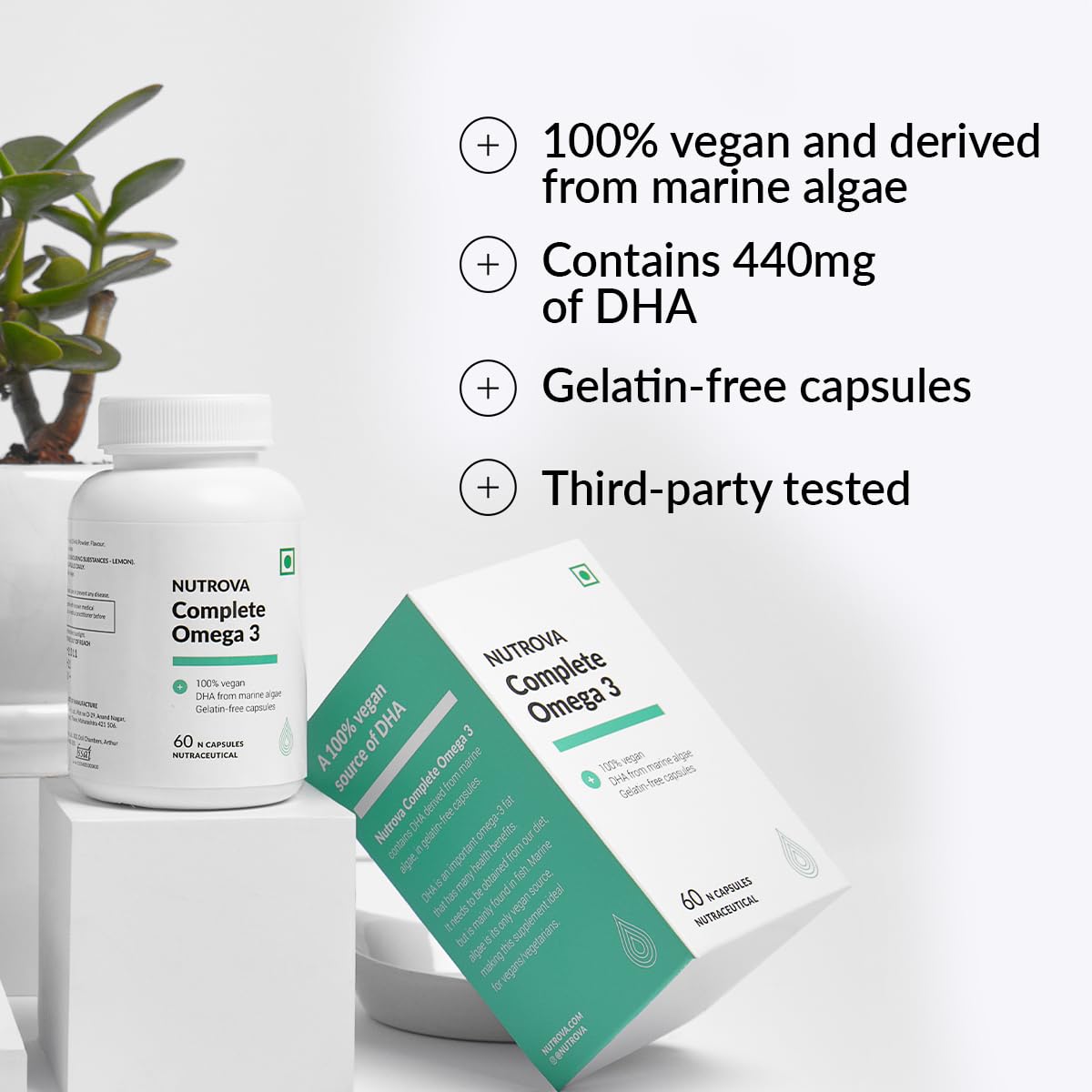 Nutrova Complete Omega 3 Vegan And Gelatin-Free 60(*2) Capsules With Marine Algal Extract, Skin & Hair Etc - 60 Veg (Pack 2)