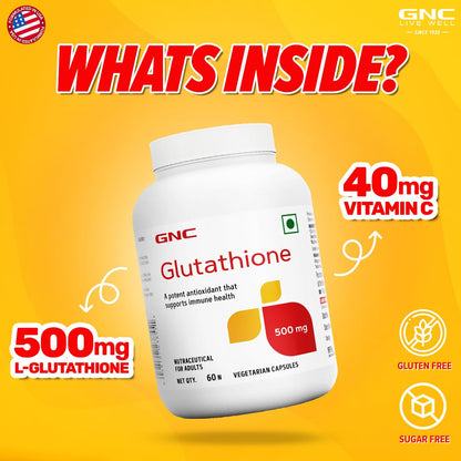 GNC Glutathione 500mg With Vitamin C For Clear & Radiant Skin | 60 Veg Capsules | Reduces Dark Spotsn & UV Damage | For Men & Women| Formulated In USA