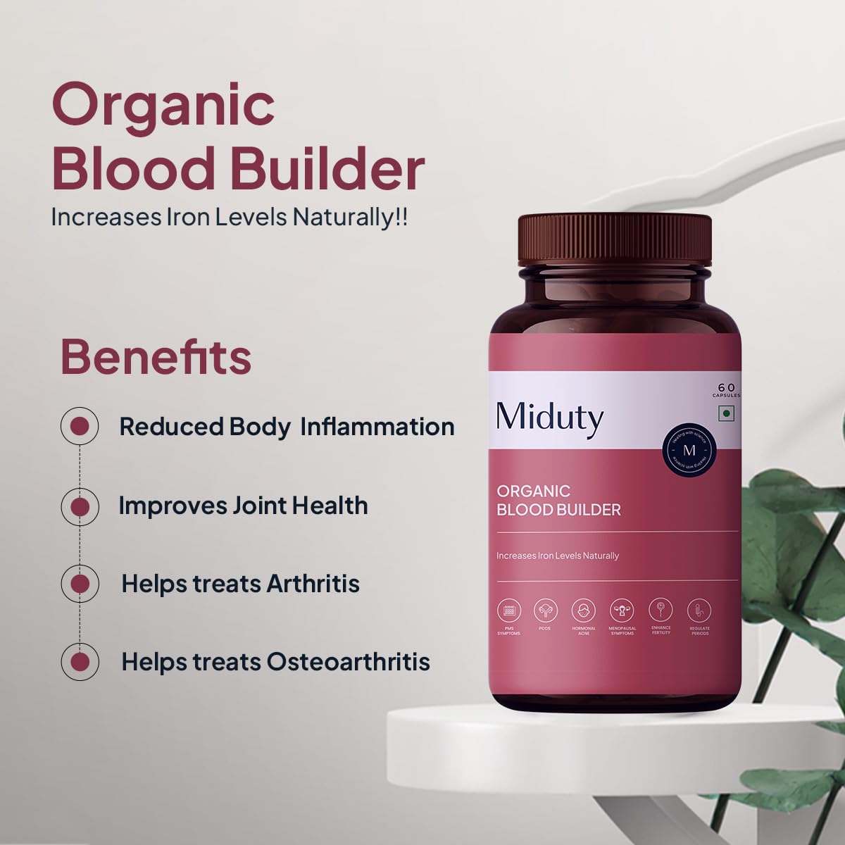 Miduty by Palak Notes Organic Blood Builder - Anemia Supplement - Contains Wheat Grass, Green Amla, Iron Supplement - Hemoglobin Booster - 60 Capsules