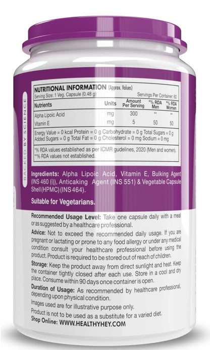 HealthyHey Nutrition Alpha Lipoic Acid - ALA- Pack of 60 Veg. Capsules - Gluten Free & Non-GMO