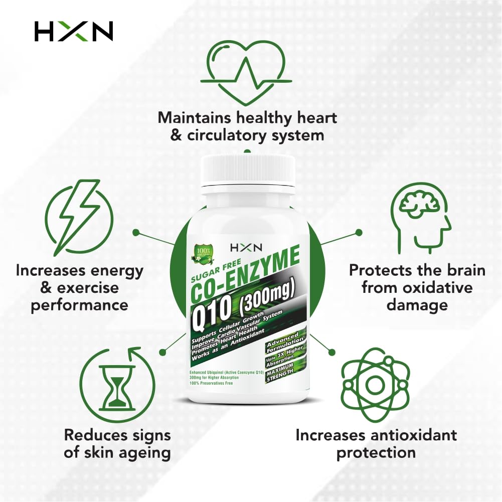 HXN coq10 Supplement, coenzyme q10 300mg As Ubiquinol With Omega 3, Alpha Lipoic Acid To Promote Heat Health, And High Energy Boost- 60 coq 10 Tablets