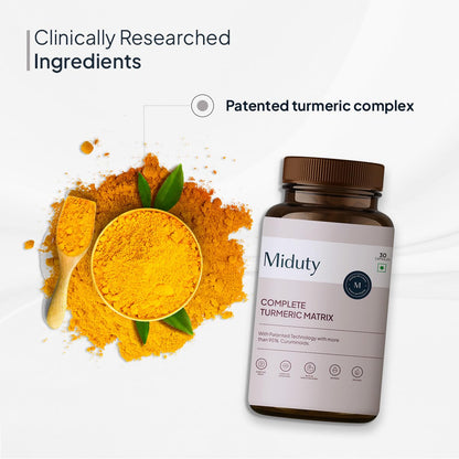 Miduty by Palak Notes Complete Turmeric Matrix Curcumin Capsules For Relieving Muscle Pain - Lower C Increase memory power - Skin Health - 30 Capsules